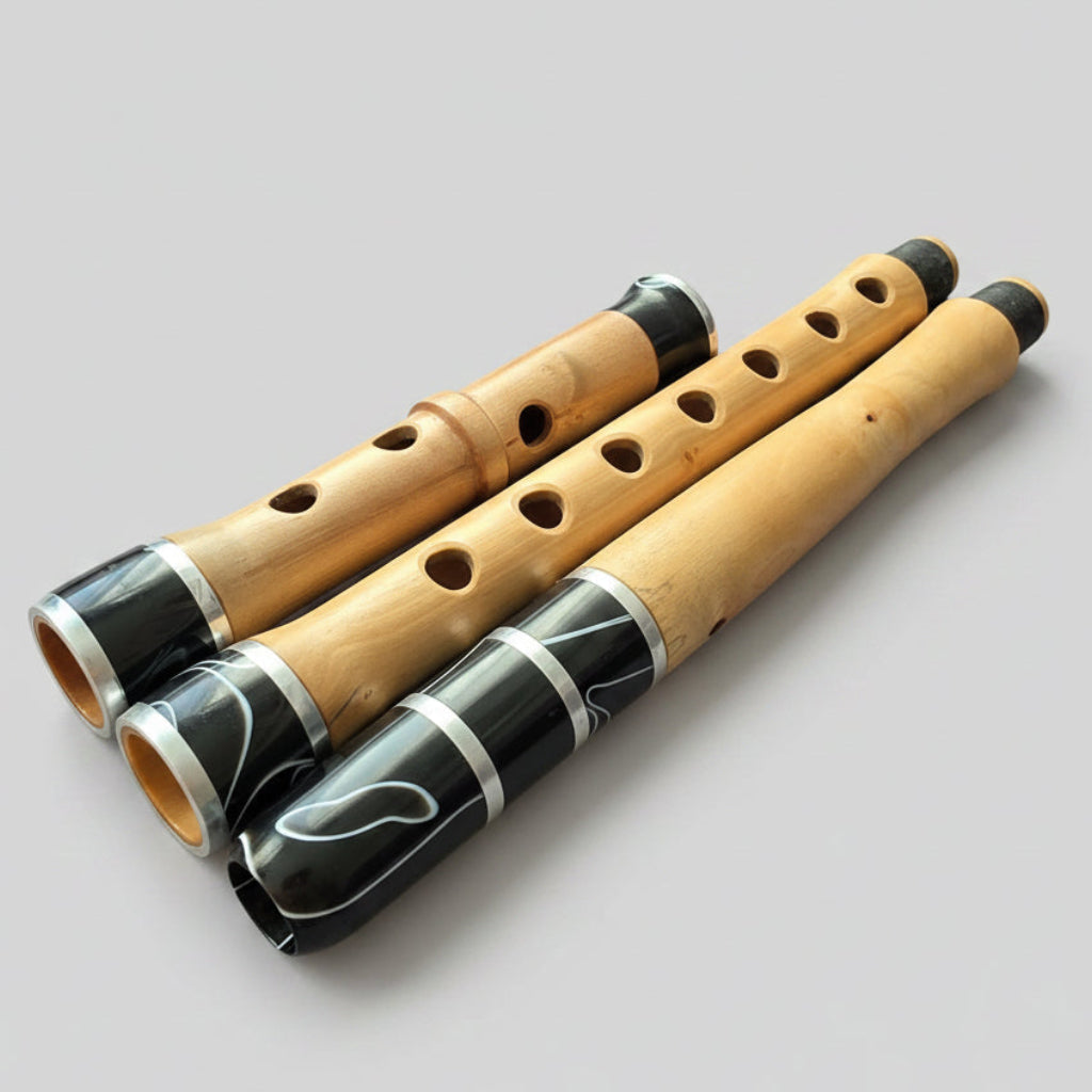 Exclusive Cornelian Cherry wood kaval in D showing the finger holes and marbled mouthpiece