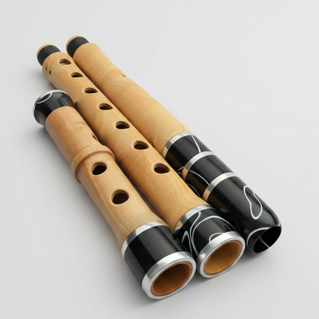 Close-up of the marbled black joints and polished aluminium rings on the exclusive Cornelian Cherry kaval in D